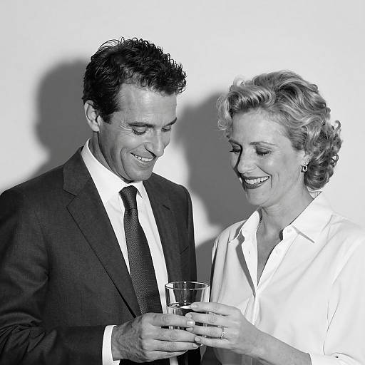 Black and White Portrait of Smiling Couple Holding Glass