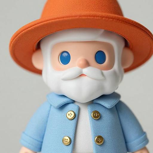 Photograph of a plastic doll with a white beard, blue eyes, orange hat, light blue shirt, and gold buttons.