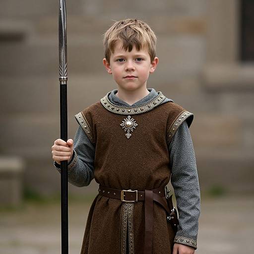 Photograph of a young boy with light brown hair in medieval attire, holding a spear, standing in front of a stone building.
