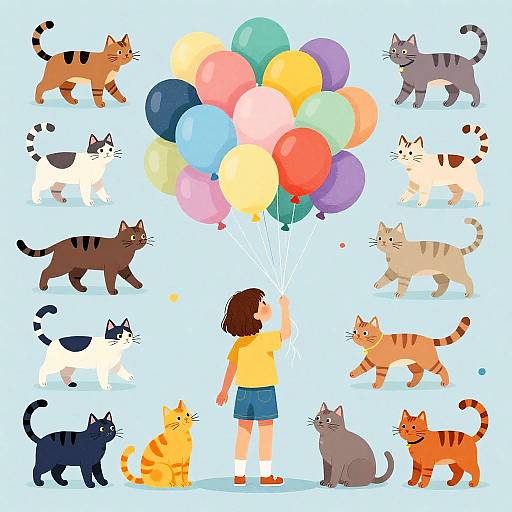 Child with Playful Floating Cats