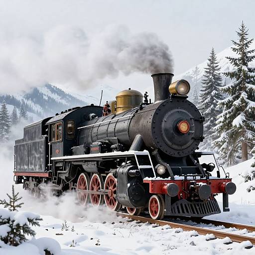 Photograph of a vintage black steam locomotive with red wheels, emitting white steam, chugging through a snowy, pine-tree-filled forest.