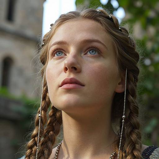 Close-up photograph of a young woman with fair skin, blue eyes, and braided brown hair, adorned with silver beads, looking upward with a thoughtful