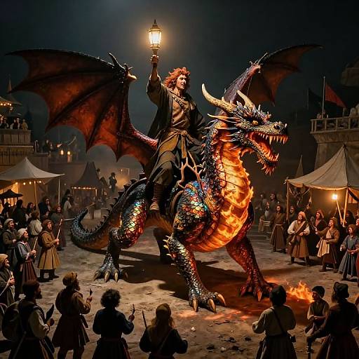 Digital artwork of a dark-robed figure with wings, holding a lantern, atop a fiery, blue-scaled dragon at a medieval festival. Crowds