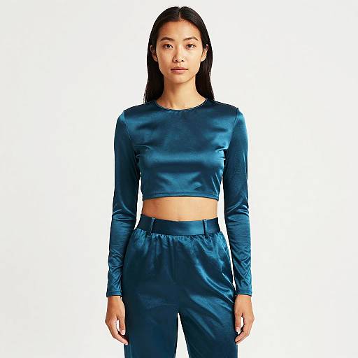 Asian Woman in Teal Satin Crop Top and Pants