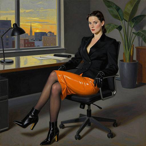 Digital painting of a confident woman in a black blazer, orange vinyl skirt, black gloves, and heels, sitting in an office with a sunset city