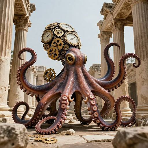 Photorealistic CGI of a giant, clock-faced octopus with gears and purple tentacles standing among ancient, ruined columns.
