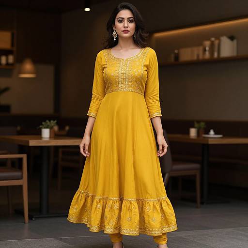 Photograph of a confident woman with dark hair, wearing a bright yellow, long-sleeved, embroidered dress with a ruffled hem, standing in