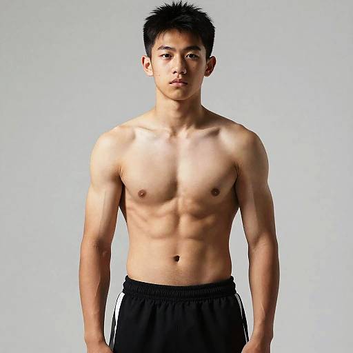 Photograph of a young, muscular Asian man with short black hair, standing shirtless against a plain white background, wearing black athletic shorts.