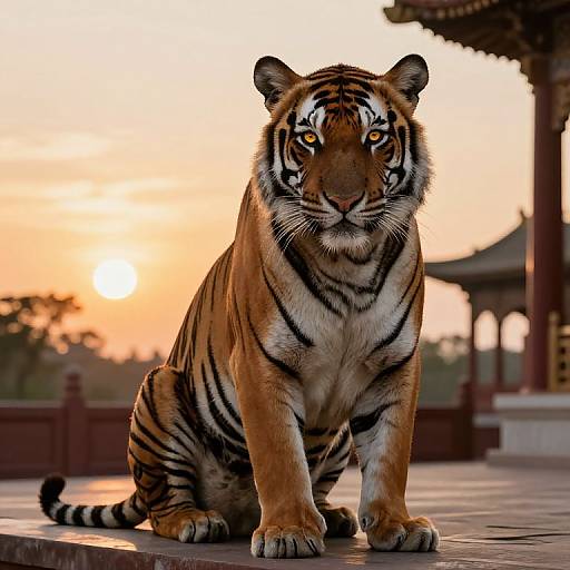 Photograph of a majestic Bengal tiger with striking orange and black stripes, intense yellow eyes, and white underbelly, sitting on a stone platform during