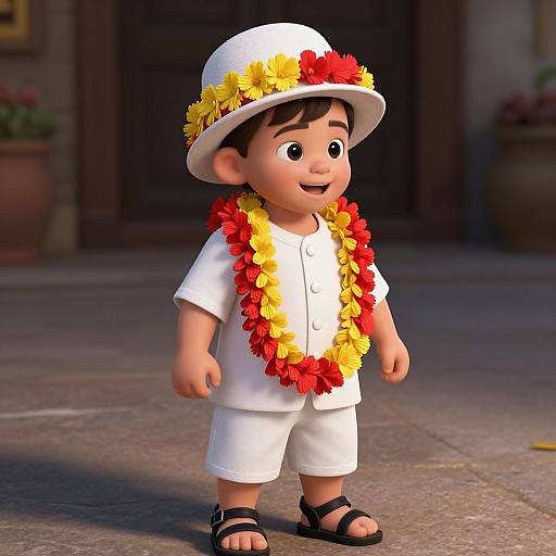 CGI image of a smiling young boy in white outfit, black sandals, white hat adorned with yellow and red flowers, and a matching flower lei,