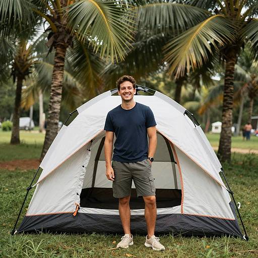Smiling Man Posing in Front of Tent Among Palm Trees