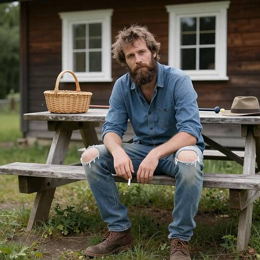 Relaxed Bearded Man at Picnic Table