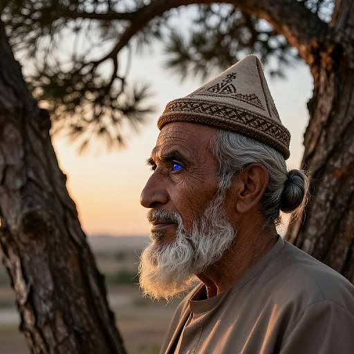 Photograph of an elderly Middle Eastern man with white beard, blue eyes, wearing a traditional beige cap and tunic, standing in a forest at sunset
