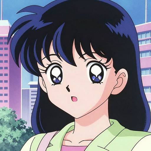 Anime-style digital illustration of a surprised girl with black hair, large blue eyes, and a green jacket, set against a cityscape background with tall buildings