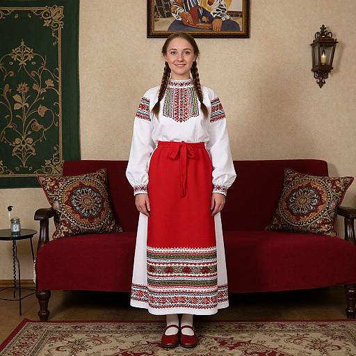 Photograph of a young woman with braided hair, wearing a white blouse with red and black embroidery, and a red skirt, standing in a traditional