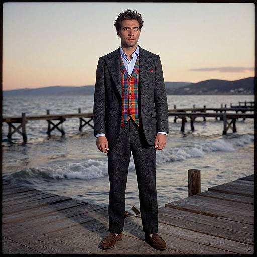 Photograph of a curly-haired man in a dark gray suit, red plaid vest, and brown shoes standing on a wooden pier at sunset with waves