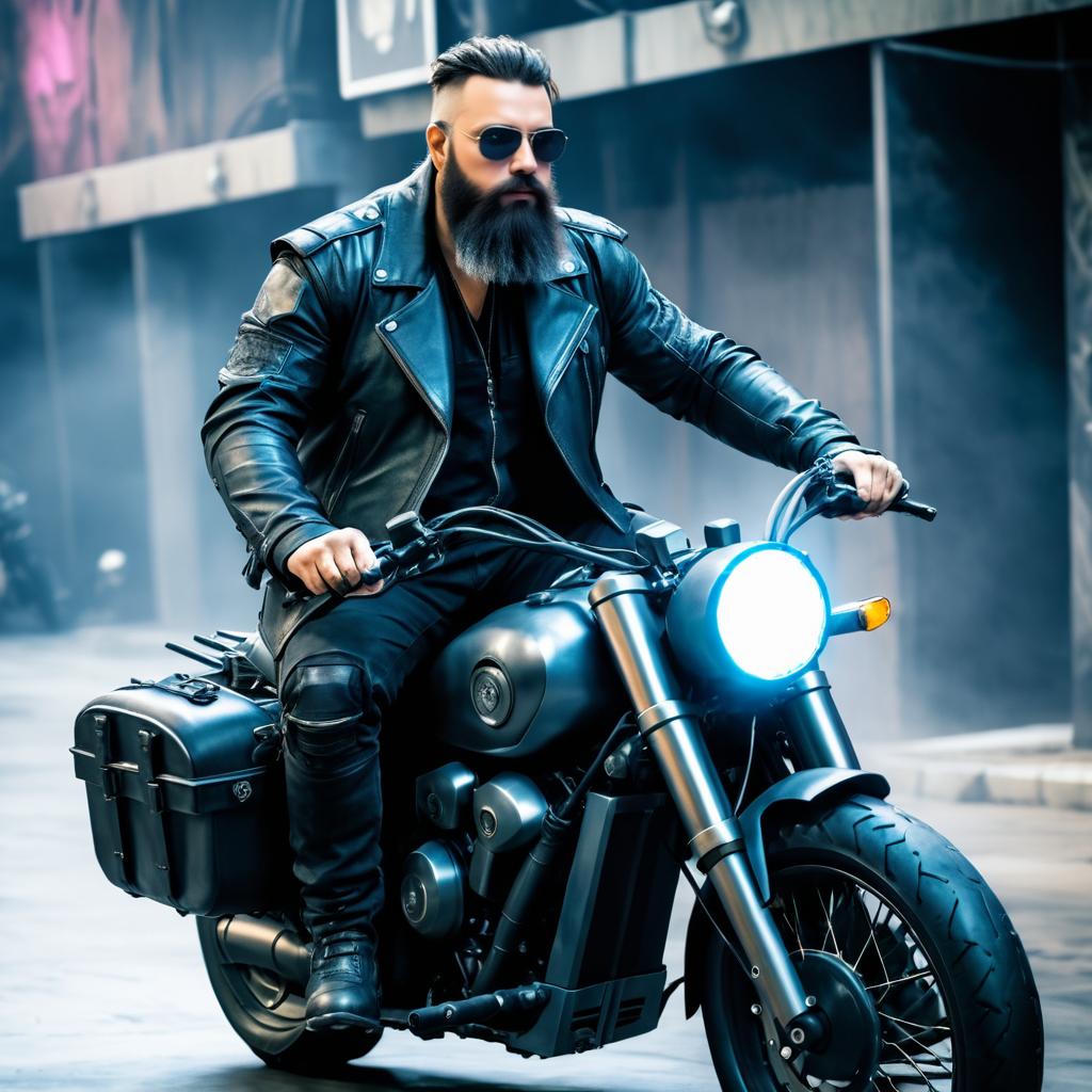 Rugged Bearded Biker in Cyberpunk City