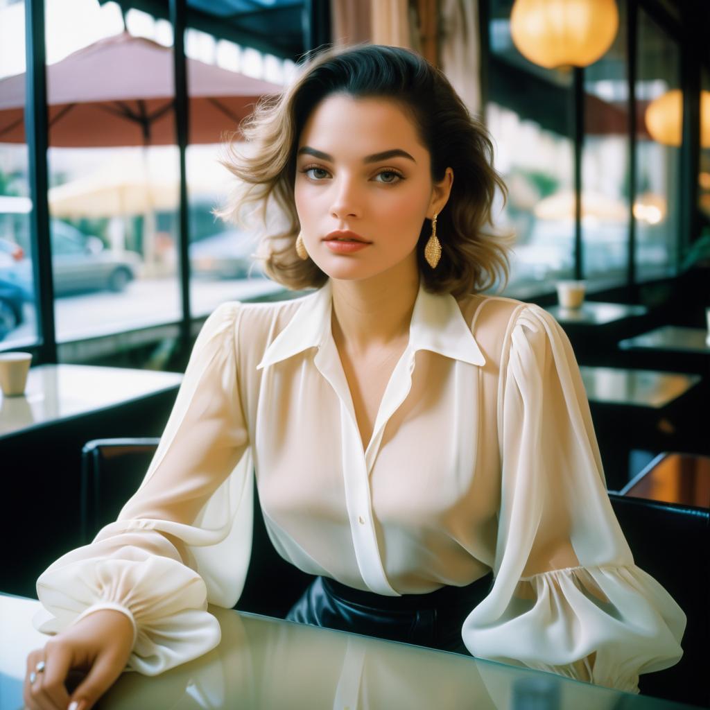 Chic Café Woman in Sheer Blouse