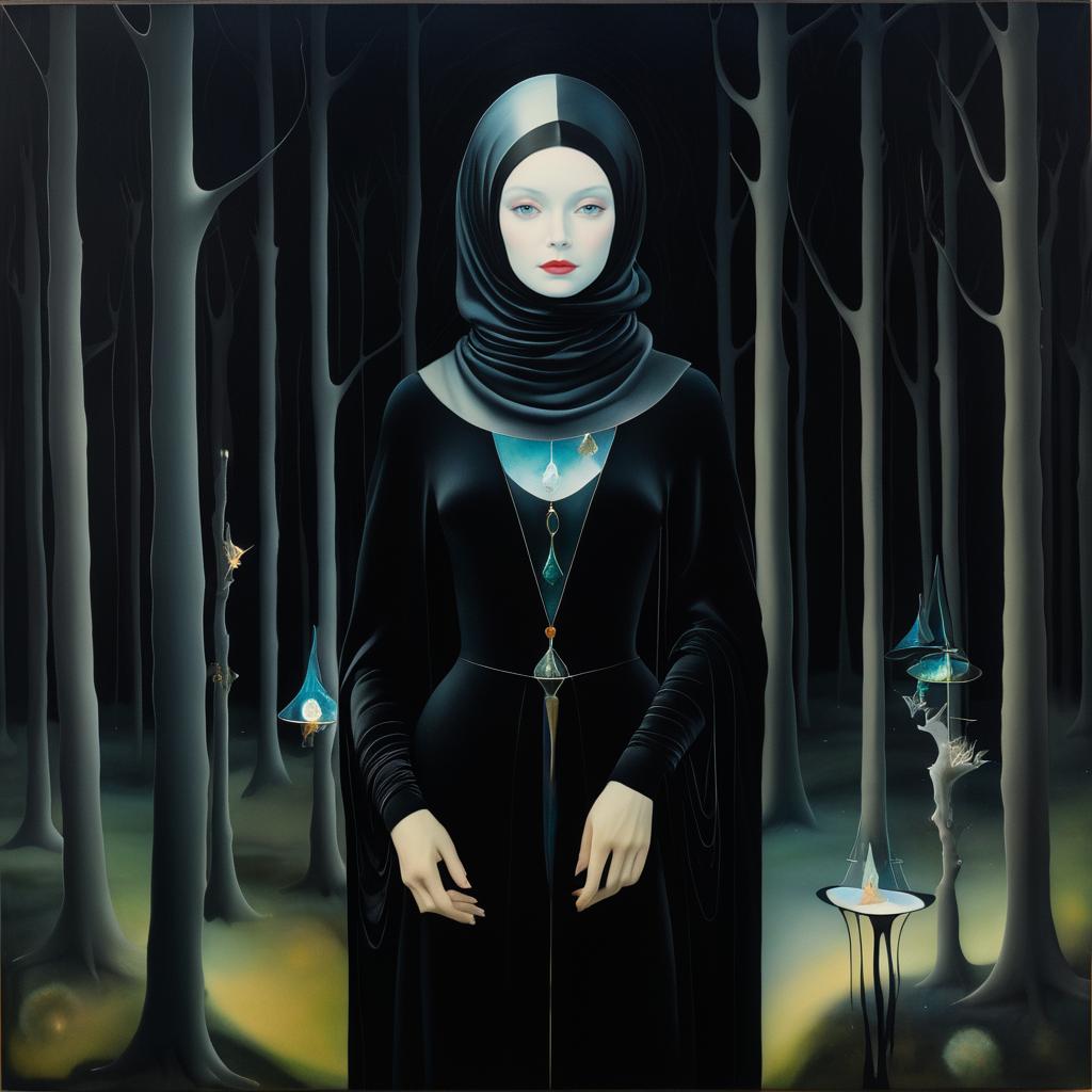 Elegant Woman in Bosch-Inspired Night Forest