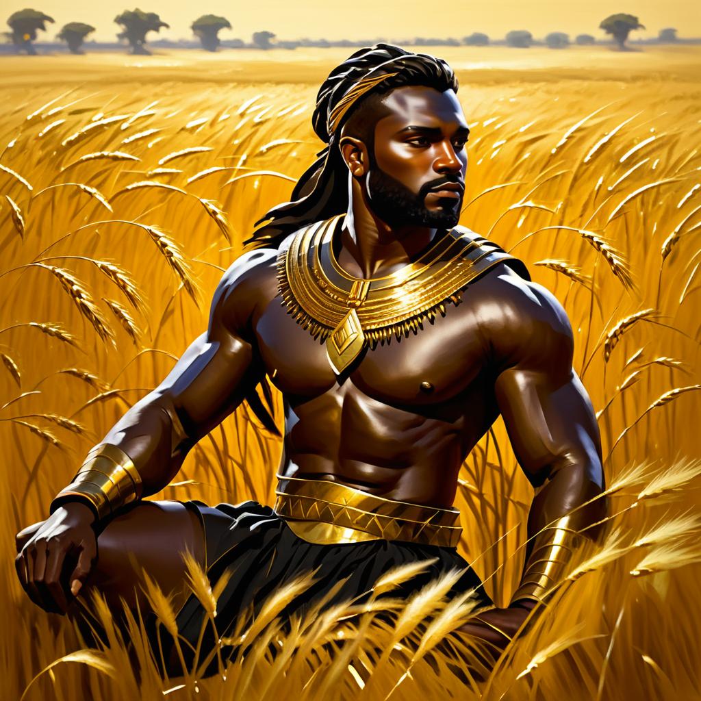 Dark-Skinned Warrior in Golden Wheat Field