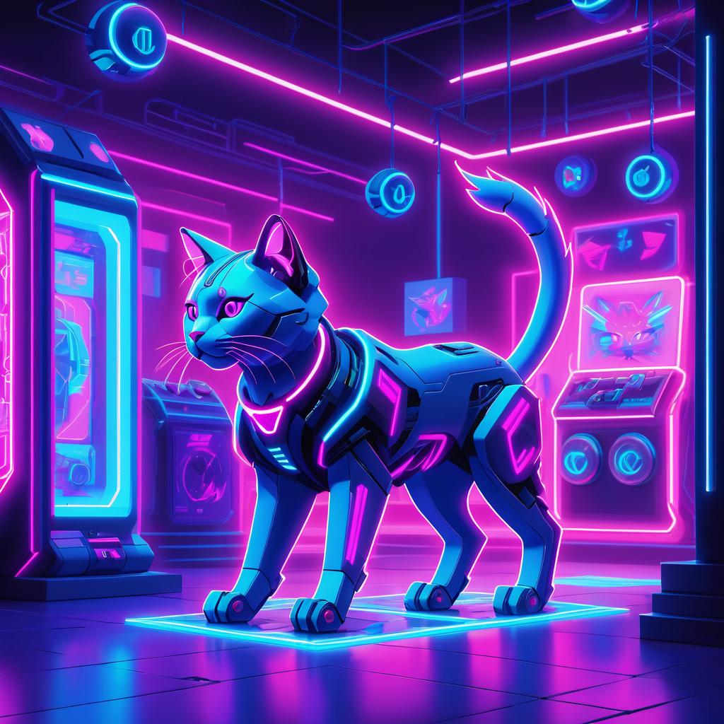 Neon Robotic Cat in Vibrant Arcade