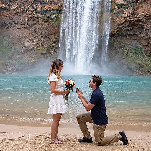 Photograph of a man kneeling, proposing to a woman holding a bouquet, in front of a tall waterfall with turquoise water.