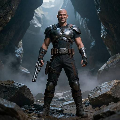 Smiling Armored Gunman in Misty Cave