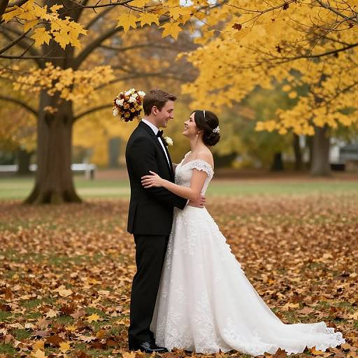 Photograph of a bride in a white lace wedding dress and groom in a black suit, standing closely, gazing at each other amid autumn leaves and