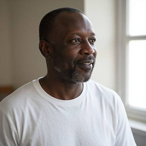 Photograph of a middle-aged, dark-skinned Black man with a short beard, wearing a white T-shirt, smiling gently in soft light.