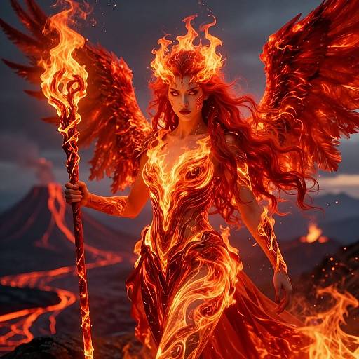 Digital art of a fiery red-winged demoness holding a flaming staff, with volcanic mountains in the background, her body and wings engulfed in bright