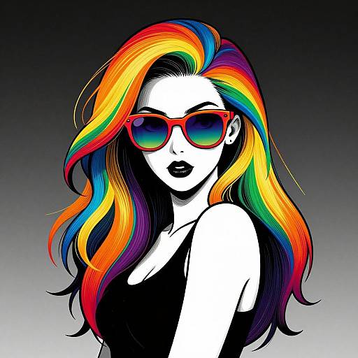 Vibrant Rainbow Hair Cartoon Woman