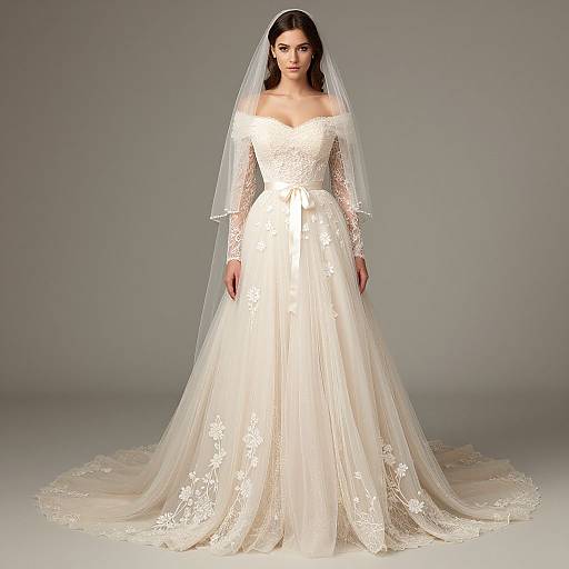 Photograph of a beautiful woman in an elegant, off-the-shoulder white lace wedding dress with long sleeves and a full, flowing skirt, wearing