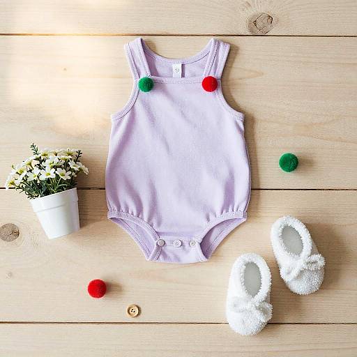 Photograph of a white baby onesie with red and green pom-poms, white woolen shoes, and a small potted plant on wooden floor