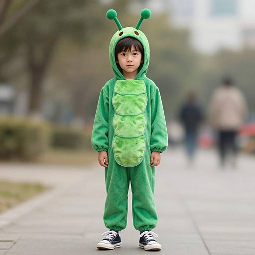 Photograph of an Asian boy with black hair, wearing a green dragon costume with antennae, standing on a blurred suburban sidewalk.