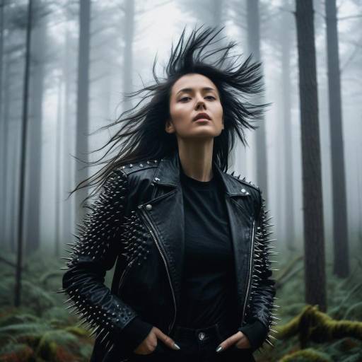 Woman in Studded Leather Jacket in Foggy Forest