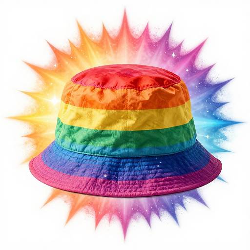 Photograph of a vibrant rainbow-striped bucket hat with colorful spiky light effects in the background, showcasing red, orange, yellow, green, blue,