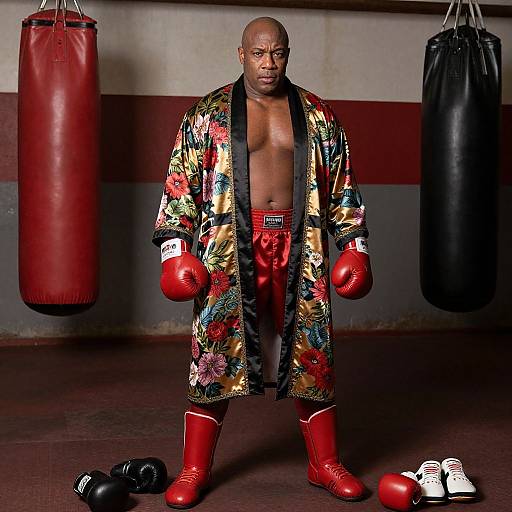 Photograph of a bald, muscular Black boxer standing in a gym, wearing a colorful floral robe, red boxing shorts, and gloves, with red boots