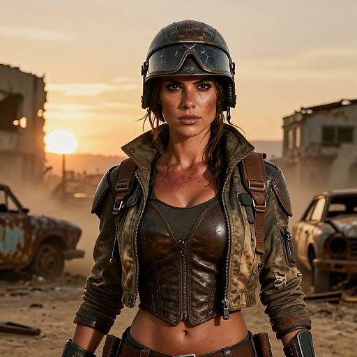 Photograph of a tough, muscular woman with dark hair, wearing a black helmet, leather crop top, and military jacket, standing in a ruined,