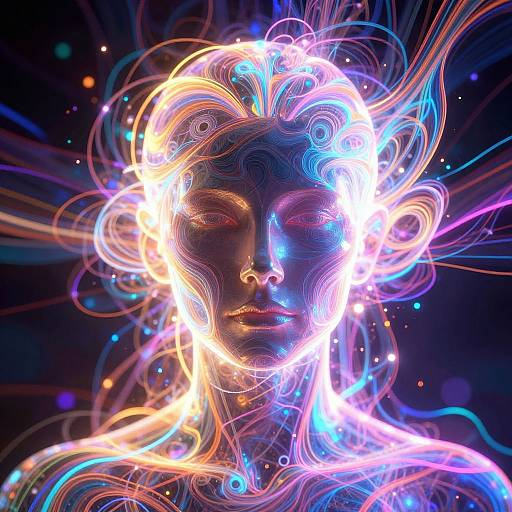 Digital art of a glowing, ethereal woman with swirling neon lights framing her face, set against a dark, cosmic background.