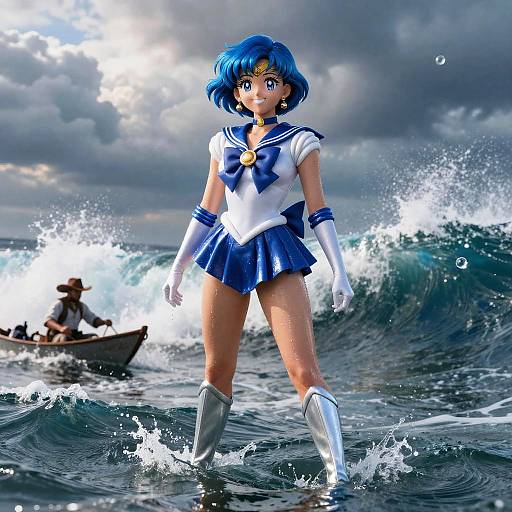 Digital artwork of Sailor Moon with blue hair, white and blue sailor uniform, standing in ocean waves, with a small boat and person in the background under