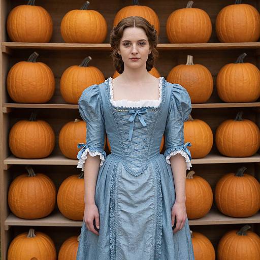 Photograph of a pale-skinned woman with dark brown hair in a blue Victorian-style dress, standing in front of a wooden shelf filled with orange pump
