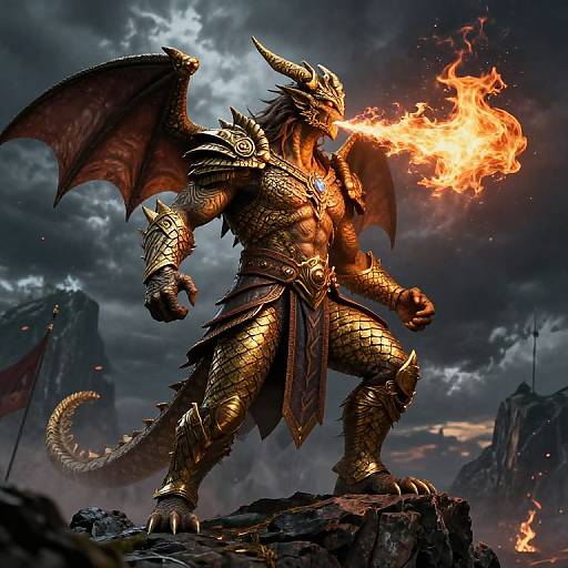 Digital artwork of a muscular, golden-scaled, dragon warrior with wings and horns, breathing fire, standing on a rocky mountain, dark stormy sky