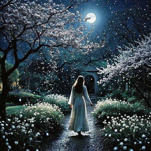 Woman in Moonlit Garden with Falling Stardust