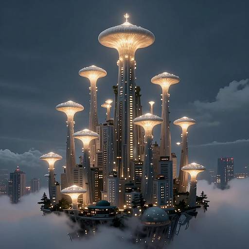Photograph of a futuristic, illuminated cityscape featuring towering, mushroom-like skyscrapers with glowing tops, surrounded by mist and night sky.