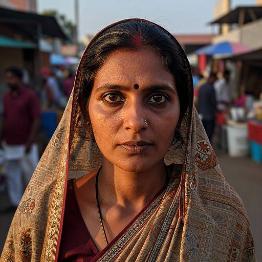 Photograph of an Indian woman with dark skin, brown eyes, and a nose ring, wearing a patterned saree, standing in a bustling market