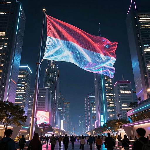 Futuristic Cityscape with Digital Flag