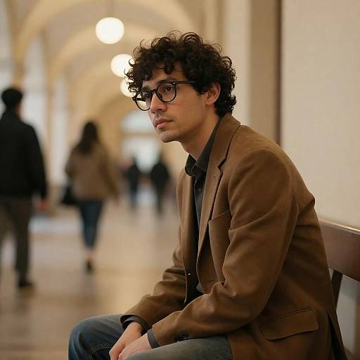 Contemplative Man in Warm Arched Hallway