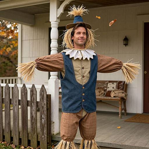 Photograph of a smiling man in a scarecrow costume with straw hair, blue vest, brown pants, and white collar, standing on a porch.