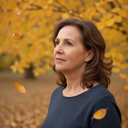 Photograph of a middle-aged woman with brown hair, wearing a dark blue sweater, standing in a park with autumn yellow leaves. Background showcases blurred yellow