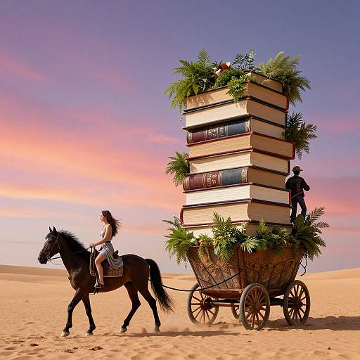 Photograph of a woman riding a horse pulling a wooden cart stacked with oversized books and greenery in a desert at sunset.